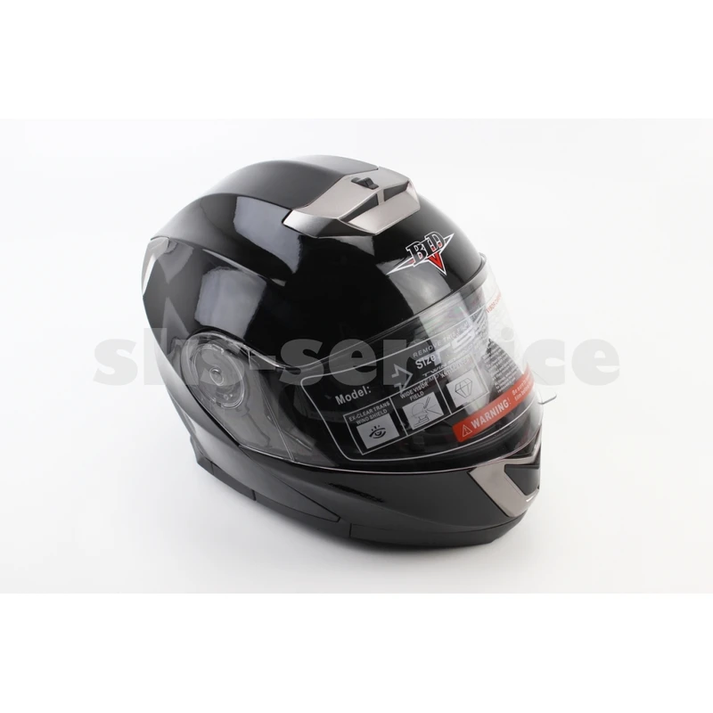 Шлем модуляр, закрытый с откидным подбородком+откидные очки BLD-160 S (55-56см), ЧЕРНЫЙ глянец