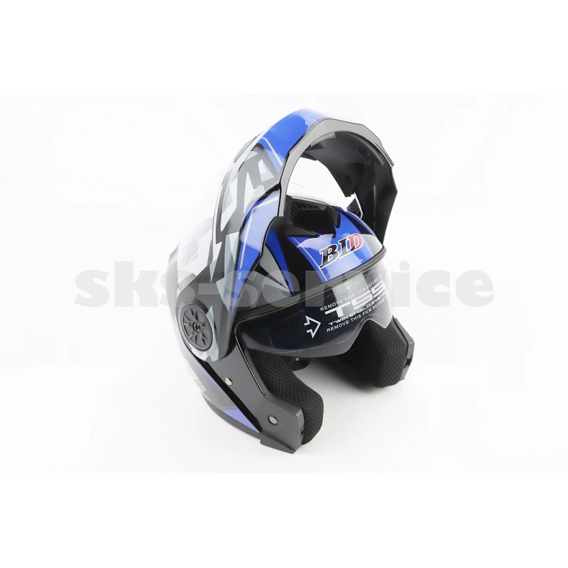 Фото 2 - Шлем модуляр, закрытый с откидным подбородком+откидные очки BLD-159 L (59-60см), ЧЕРНЫЙ глянец с сине-серым рисунком