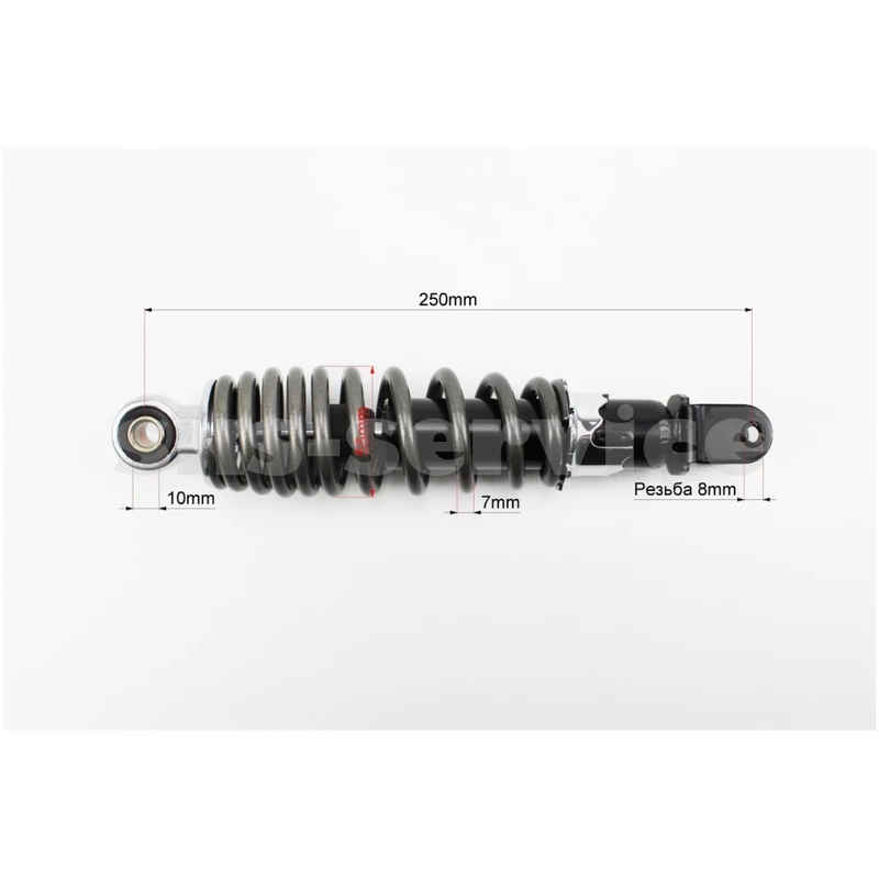 Фото 2 - Амортизатор задній GY6/Yamaha - 250мм*d55мм (втулка 10мм / вилка 8мм) регул., попелястий