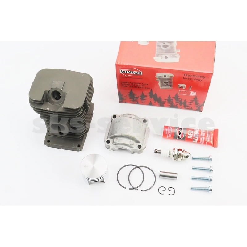 Циліндр к-кт (цпг) MS-180 38mm (палець 10mm) чорний+піддон+свічка+герметик+болти