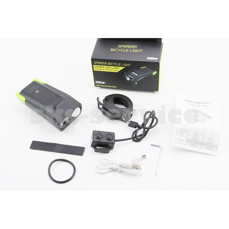 Ліхтар передній 2 діода 800 lumen+дзвінок, Li-ion 3.7V 2000mAh зарядка від USB, вологозахисний, чорно-салатовий BK-1718