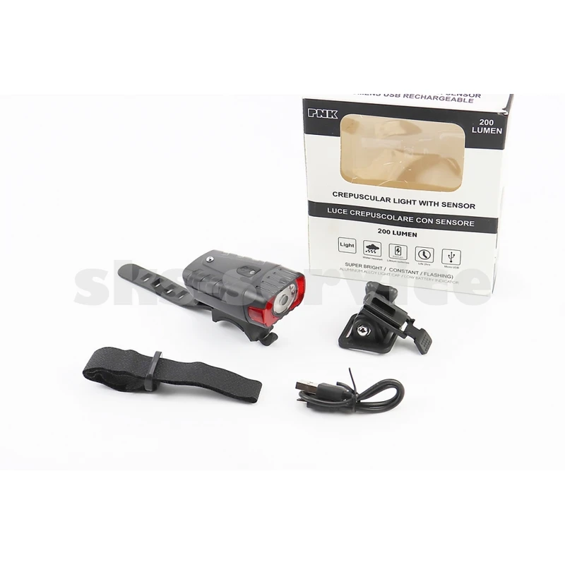 Ліхтар передній 1 діод 200 lumen, Li-ion 3.7V 800mAh зарядка від USB, ДАТЧИК СВІТЛА, вологозахисний, чорний PNK