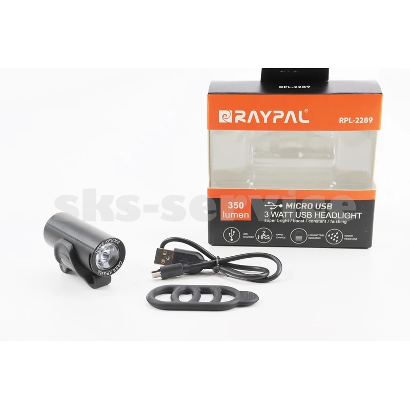 Ліхтар передній 1 діод 350 lumen алюмінієвий, Li-ion 3.7V 1200mAh зарядка від USB, вологозахисний, чорний RPL-2289