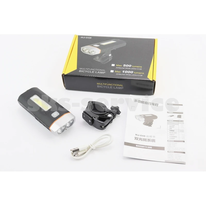 Ліхтар передній 2+1 діода 500 lumen+Power Bank, Li-ion 3.7V 4000mAh зарядка від USB, вологозахисний, чорно-сірий HJ-048